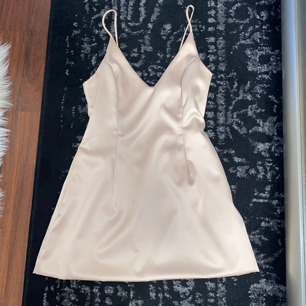 Fashionnova Selena silk dress in nude/beige